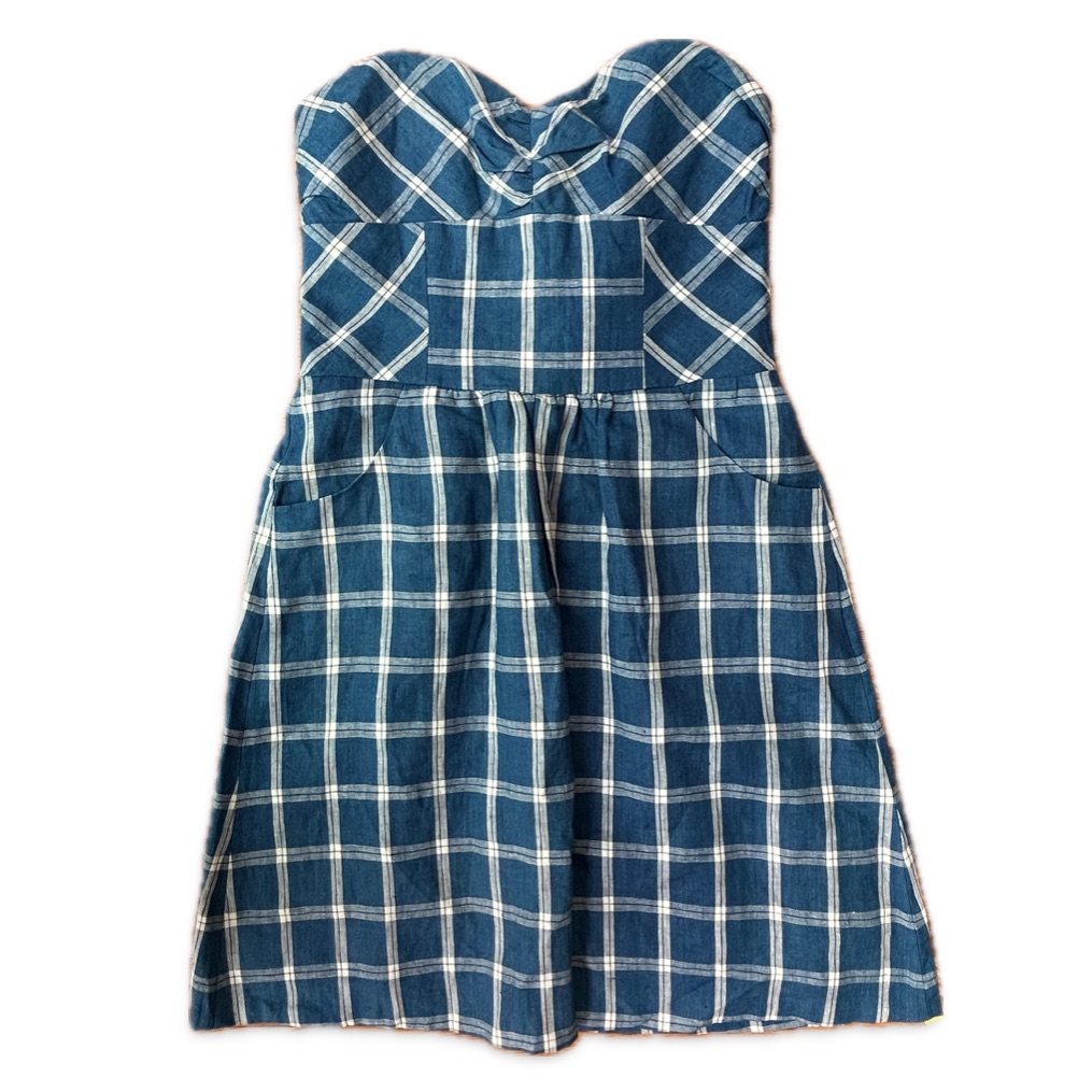 Nwt - Built By Wendy Sweetheart Strapless Blue & White Striped Pocket Dress Sz S